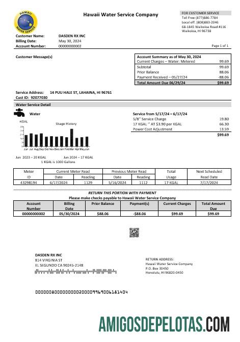 realista Modelo de conta de serviços públicos da empresa de serviços de água dos EUA Havaí em formatos Word e PDF